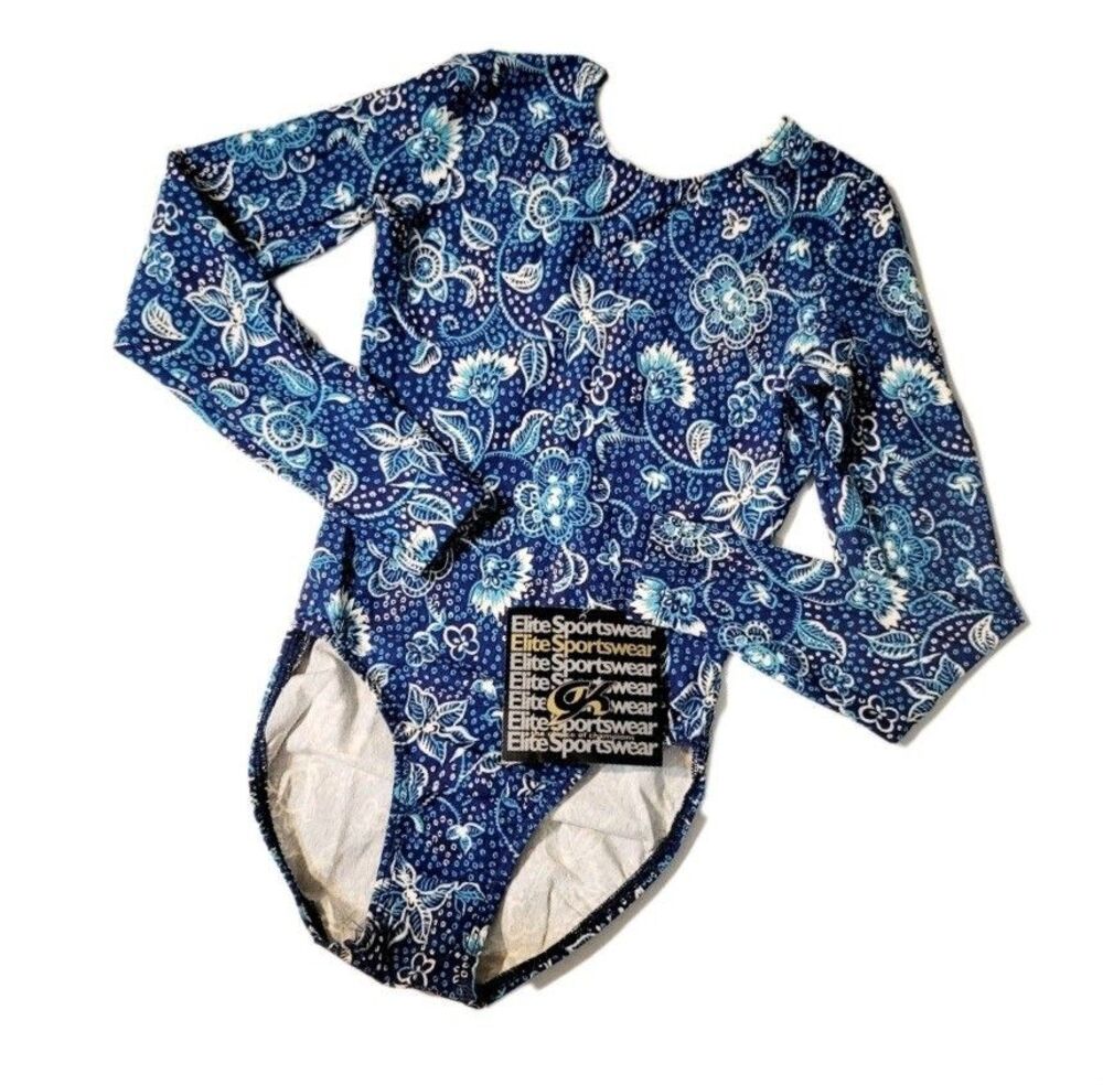 GK Elite VTG 1992 Blue Paisley Floral LS Cotton Leotard Bodysuit AXS Adult XS